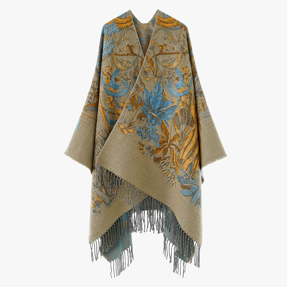 Damen Ornamentaler Jacquard‑Überwurf im Cape‑Stil mit Fransensaum Shop Nory
