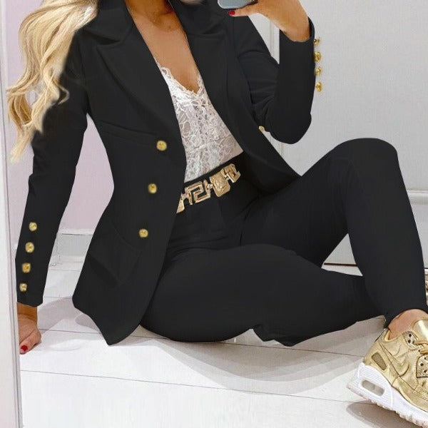 Damen Taillierter Zweiteiler Blazer mit Goldknöpfen und Slim-Fit Hose Shop Nory