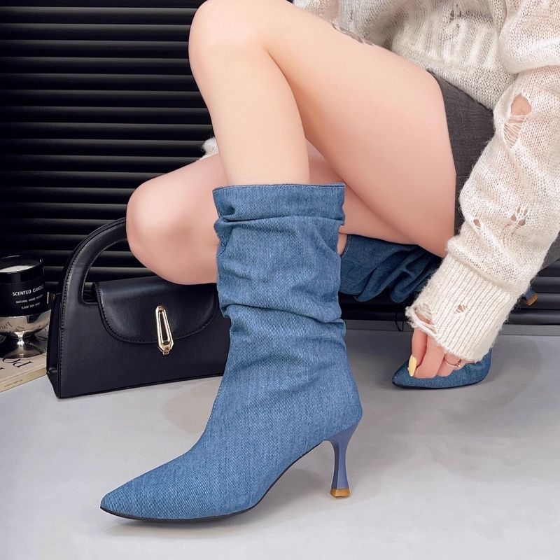 Damen Halbhohe Denim-Stiefeletten mit gerafftem Schaft und spitzer Zehenpartie Shop Nory