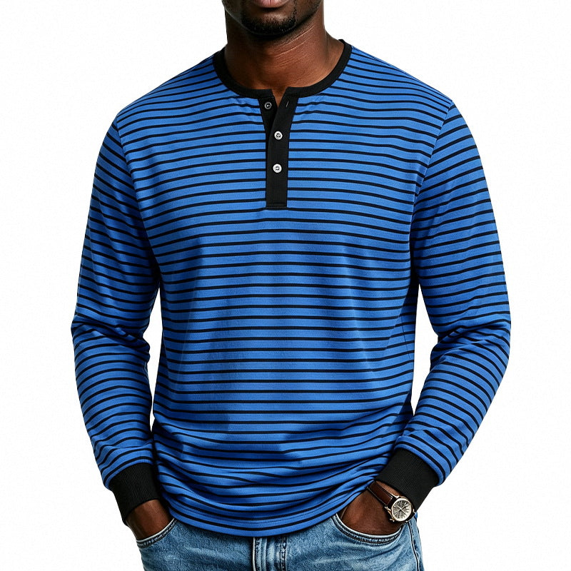 Herren Gestreiftes Langarm-Henleyshirt aus Baumwollmischung mit Knopfleiste Shop Nory