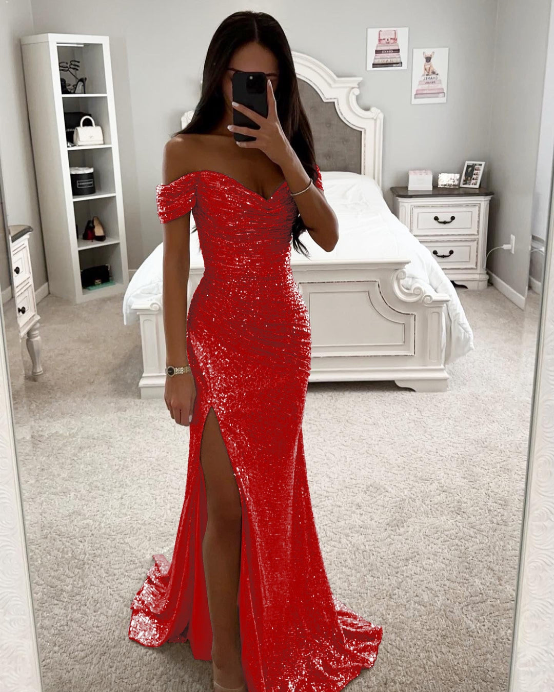 Damen Glamouröses Abendkleid mit schulterfreiem Schnitt und schimmerndem Stoff