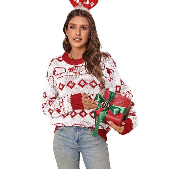 Damen Festlicher Jacquard-Pullover mit Schafbordüre und gerippten Bündchen Shop Nory