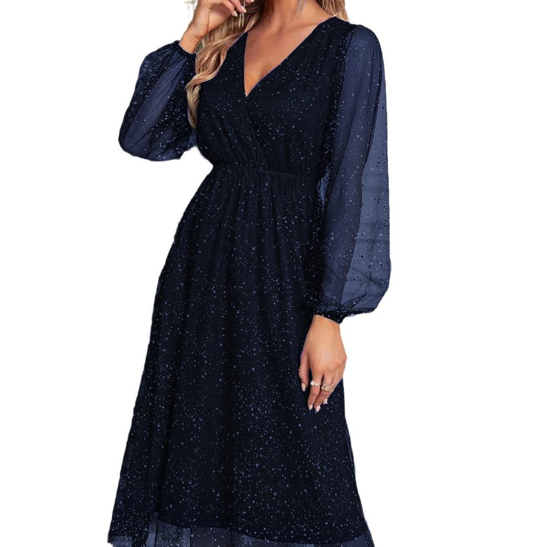 Damen Festliches Midikleid aus Glitzer‑Chiffon mit V‑Ausschnitt, tailliertem Gummibund und Ballonärmeln Shop Nory
