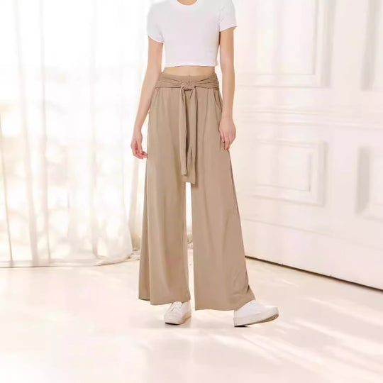 Damen Hochtaillierte Weite Palazzo-Hose mit Selbstbindendem Taillenbund und Seitentaschen Shop Nory