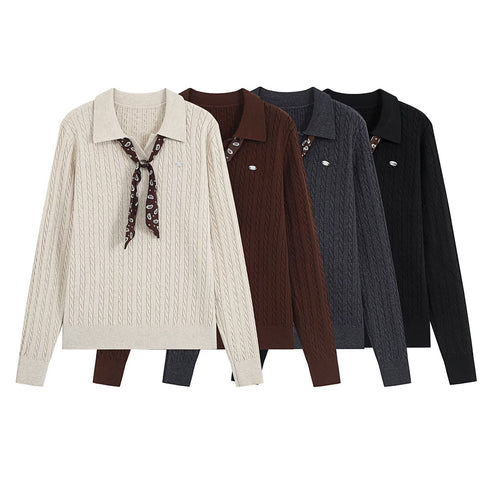 Damen Strickpullover mit Troyer‑Kragen und Zierkrawatte Shop Nory