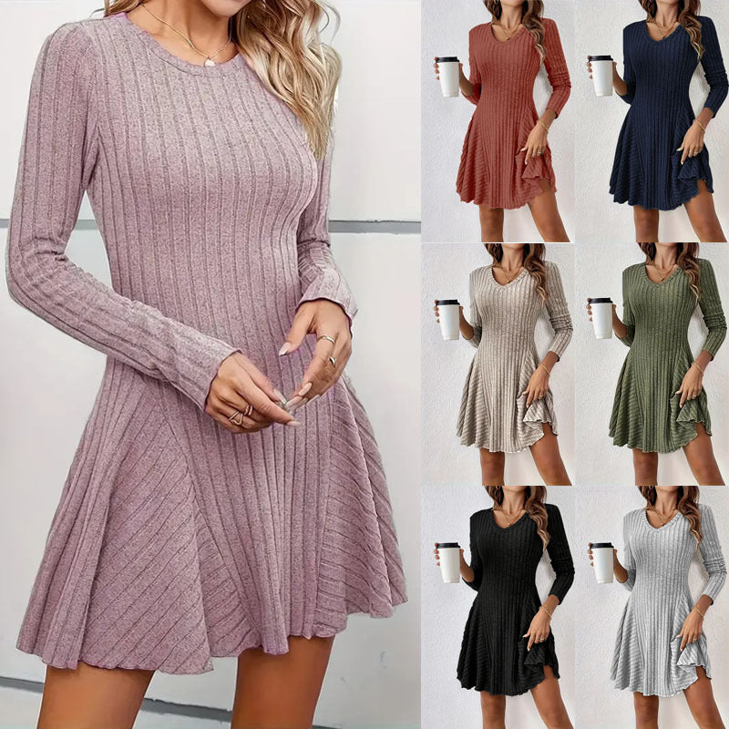 Damen Geripptes V-Ausschnitt-Minikleid mit ausgestelltem Rock und Eingrifftaschen Shop Nory