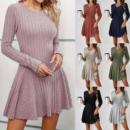 Damen Geripptes V-Ausschnitt-Minikleid mit ausgestelltem Rock und Eingrifftaschen Shop Nory