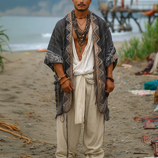 Herren Leichter Boho-Kimono-Mantel mit Ethno-Stickerei Shop Nory
