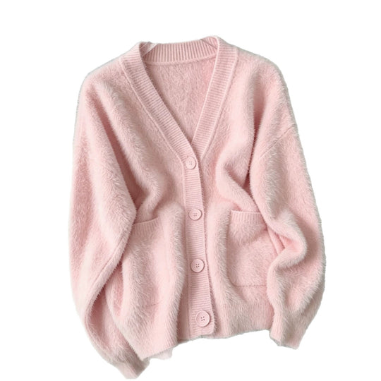 Damen Fluffy-Cardigan mit tiefem V-Ausschnitt, gerippter Knopfleiste und Eingrifftaschen Shop Nory