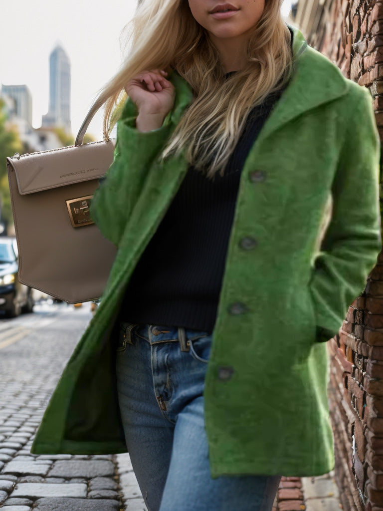 Damen Kurzmantel aus Velourslederimitat mit Hemdkragen, Knopfleiste und seitlichen Eingrifftaschen Shop Nory