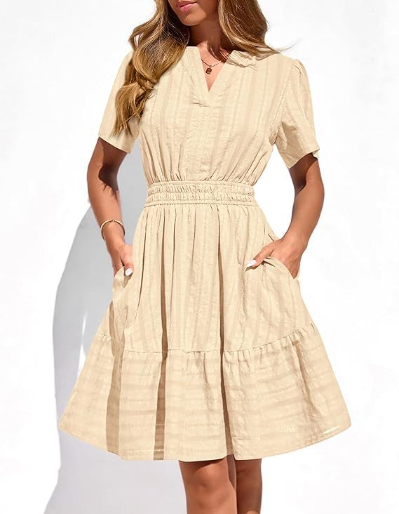 Damen Tailliertes Stufen-Midikleid mit Smokbund, V‑Ausschnitt und Eingrifftaschen Shop Nory