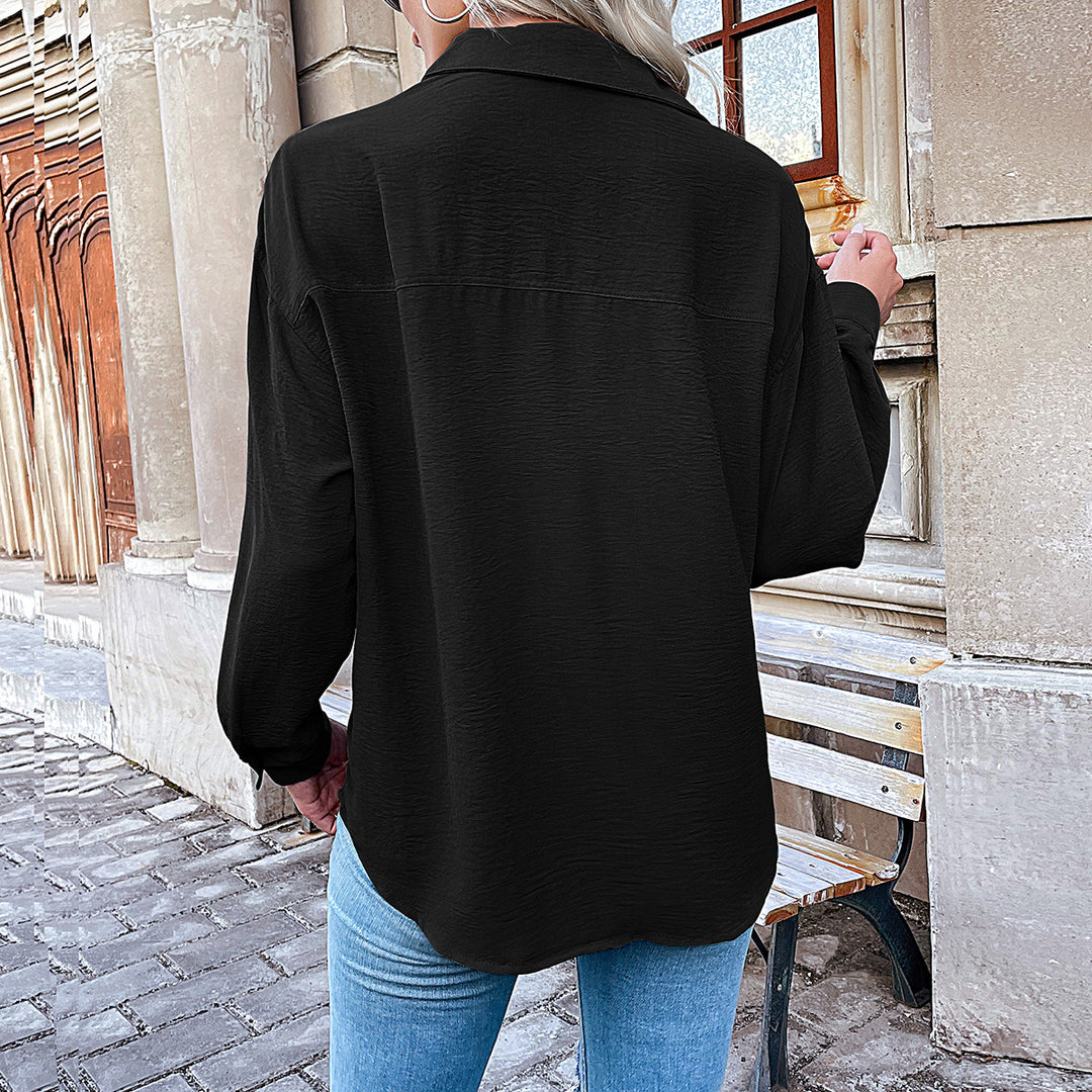 Damen Lockeres Viskose-Hemd mit V-Ausschnitt, Knopfleiste und Brusttasche Shop Nory