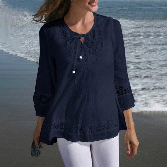 Damen Lässige Tunika-Bluse mit Häkelspitze, Bindekragen und dreiviertel Ärmeln Shop Nory