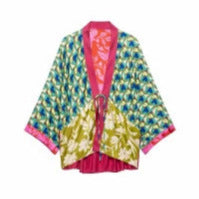 Damen Patchwork-Kimono-Top aus Seidenmix mit tiefem V‑Ausschnitt und Bindegürtel Shop Nory