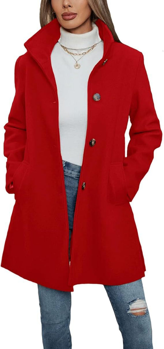 Damen Eleganter Wollmantel mit Hochgeschlossenem Kragen und Praktischen Taschen