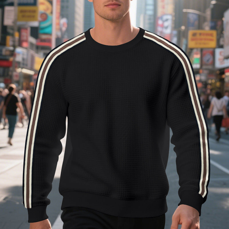 Herren Waffelstrick-Pullover mit kontrastierenden Ärmelstreifen und Rundhalsausschnitt Shop Nory