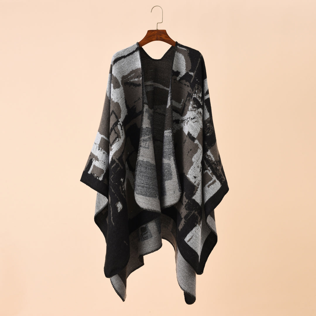 Damen Oversize-Umhangruana aus Wollmix mit abstraktem Jacquard und Zierstichkante Shop Nory