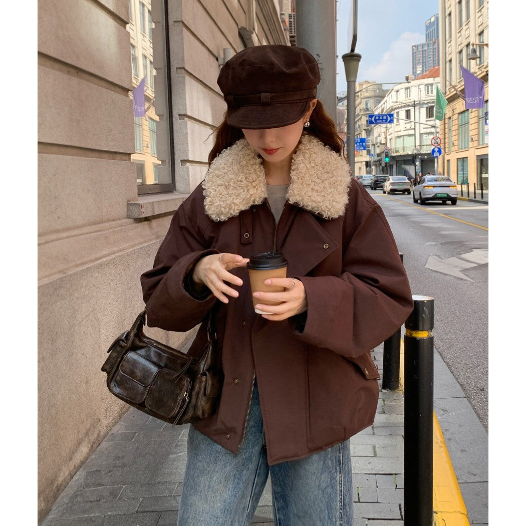 Damen Oversize-Kurzjacke mit Teddykragen und Pattentaschen Shop Nory