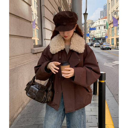 Damen Oversize-Kurzjacke mit Teddykragen und Pattentaschen Shop Nory