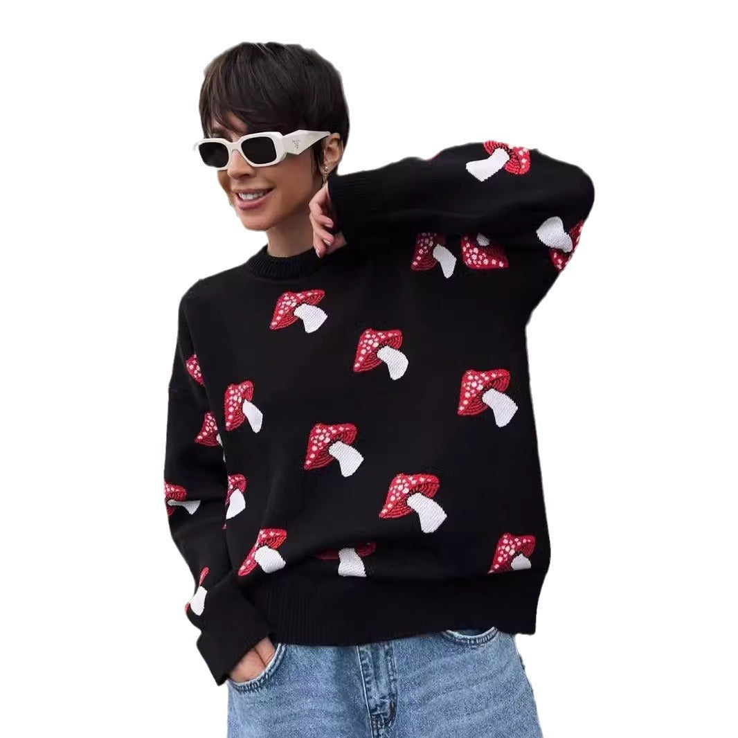 Damen weiter Strickpullover mit Pilzmotiv Rundhals Rippbündchen Shop Nory