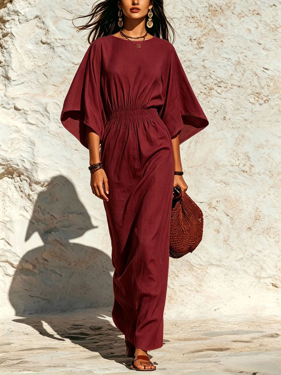 Damen Maxikleid mit Fledermausärmeln und geraffter Smock-Taillierung Shop Nory