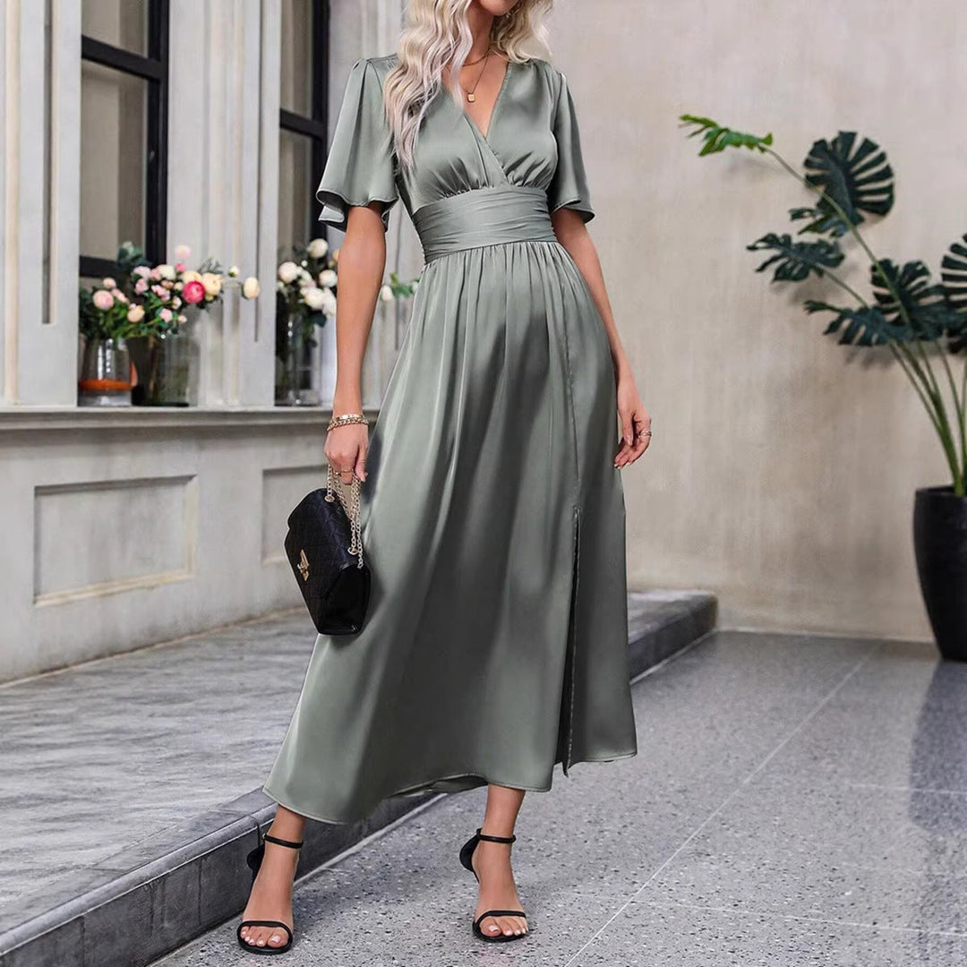 Damen Maxikleid mit elegantem V-Ausschnitt und fließenden Ärmeln Shopnory