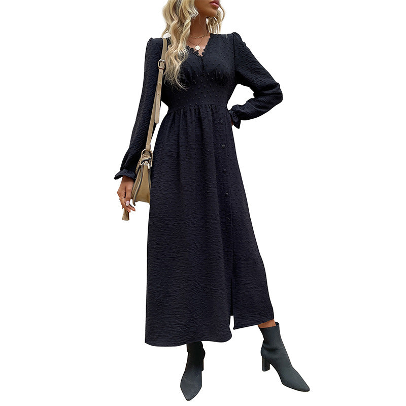 Damen Midikleid mit strukturierter Tupfen-Optik, V-Ausschnitt und tailliertem Empire-Schnitt Shop Nory