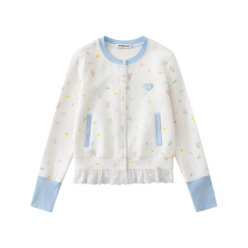 Damen Knopfleisten-Cardigan mit Spitzenvolant, pastelligem Allover-Print und Kontrastbündchen Shop Nory