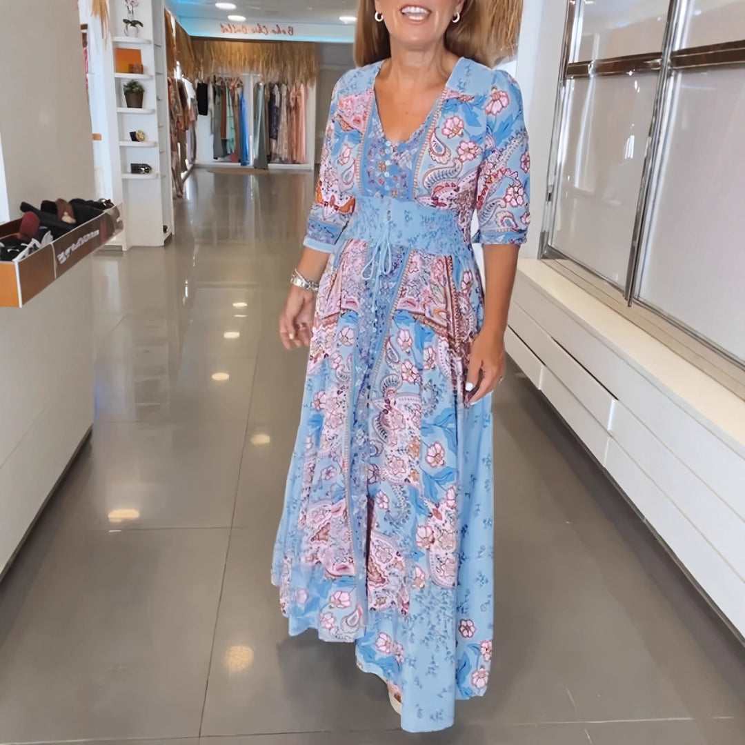 Damen Maxikleid mit Paisley‑Print, V‑Ausschnitt, Smok‑Taillenband und 3/4‑Ärmeln Shop Nory
