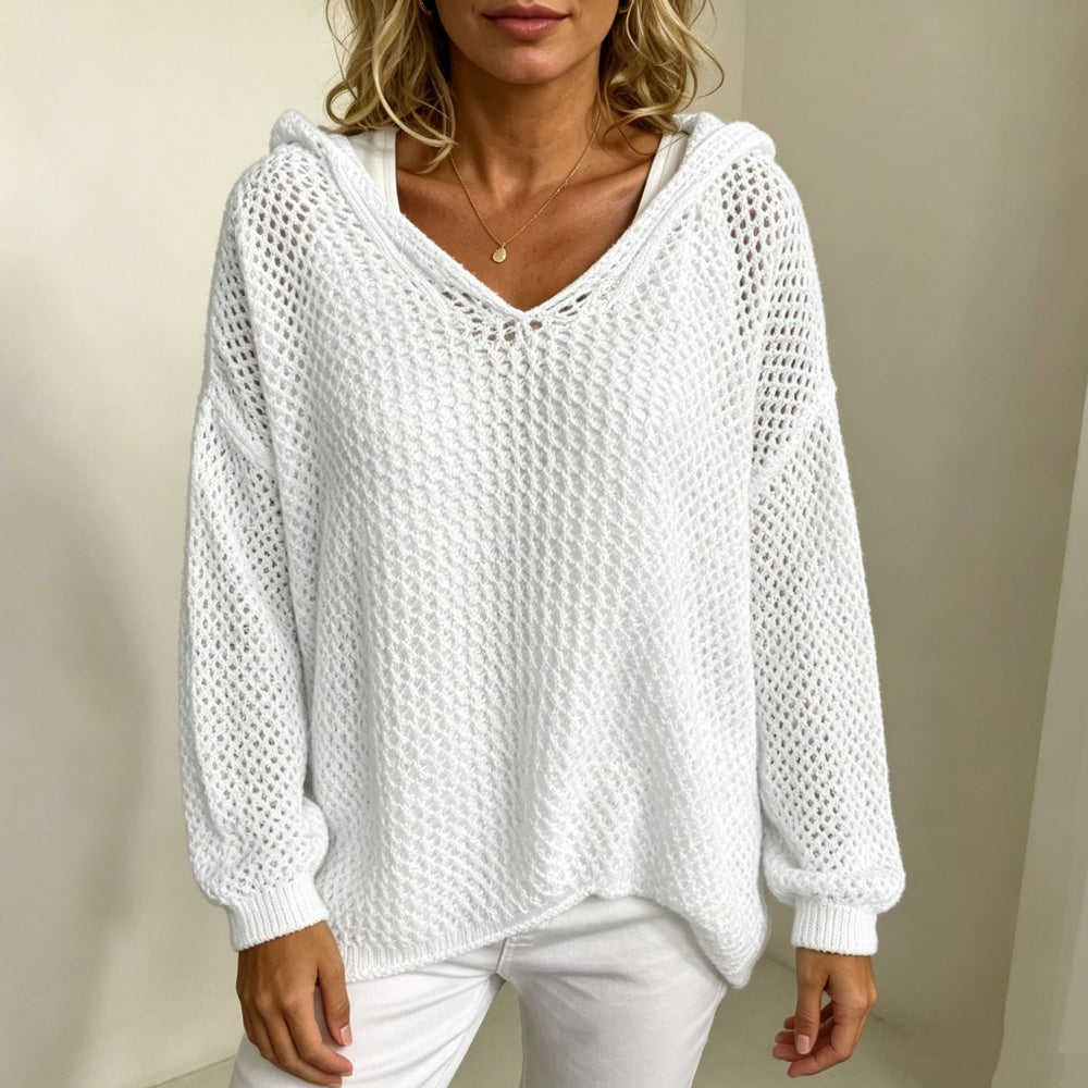 Damen Grobgestrickter V-Ausschnitt-Pullover mit Kapuze und Lochmuster Shop Nory