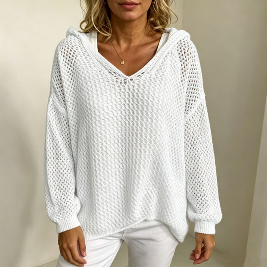 Damen Grobgestrickter V-Ausschnitt-Pullover mit Kapuze und Lochmuster Shop Nory