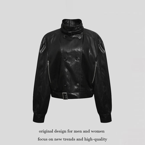 Damen kurze doppeltknöpfte Lederjacke mit Stehkragen und Taillengürtel Shop Nory