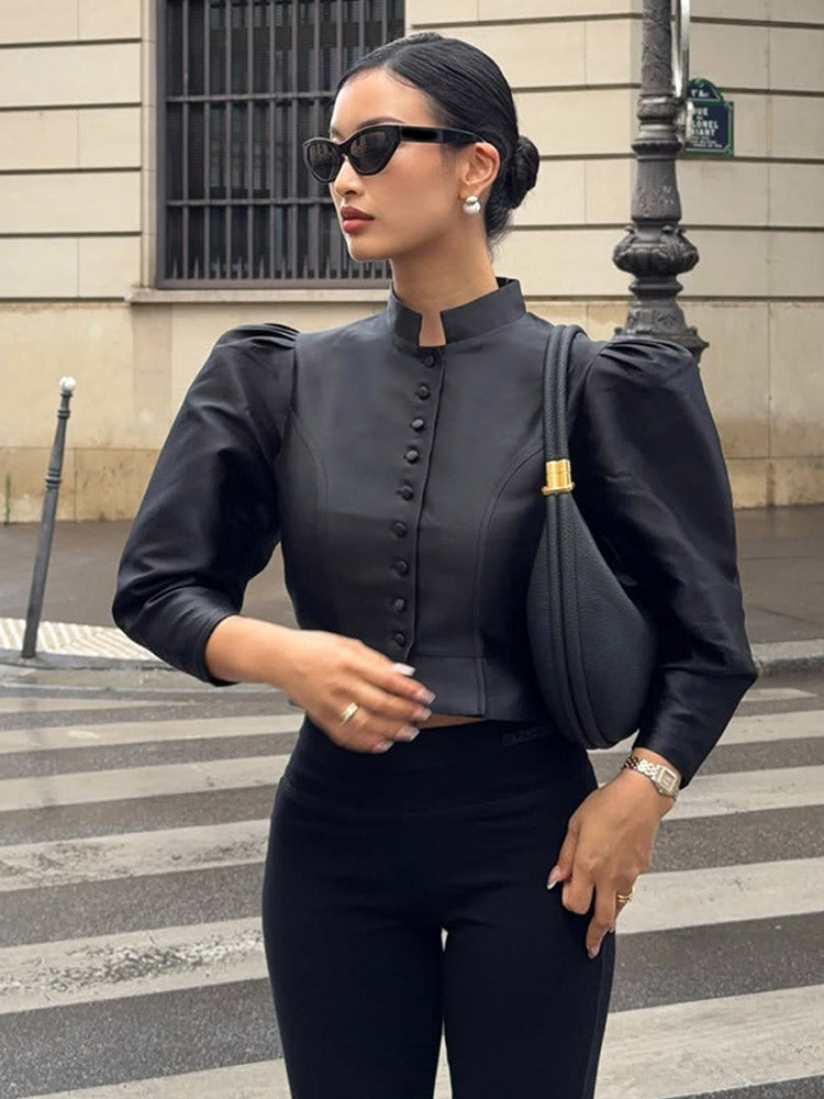 Damen Satin-Zweiteiler mit taillierter Kurzjacke, Stehkragen & High-Waist Weithose Shop Nory
