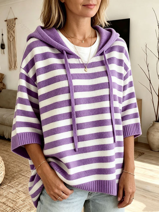 Damen Lässiger gestreifter Kapuzen-Poncho aus weichem Feinstrick mit halblangen Ärmeln Shop Nory
