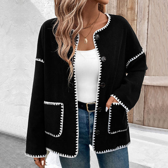 Damen Oversize-Strickjacke mit kontrastierenden Ziernähten, aufgesetzten Taschen und Knopfleiste Shop Nory