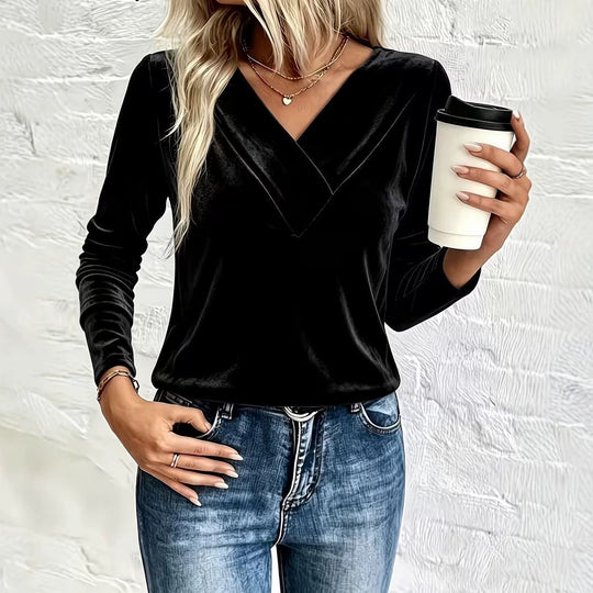Damen Velours-Longsleeve mit überlappendem V-Ausschnitt und femininer Drapierung Shop Nory
