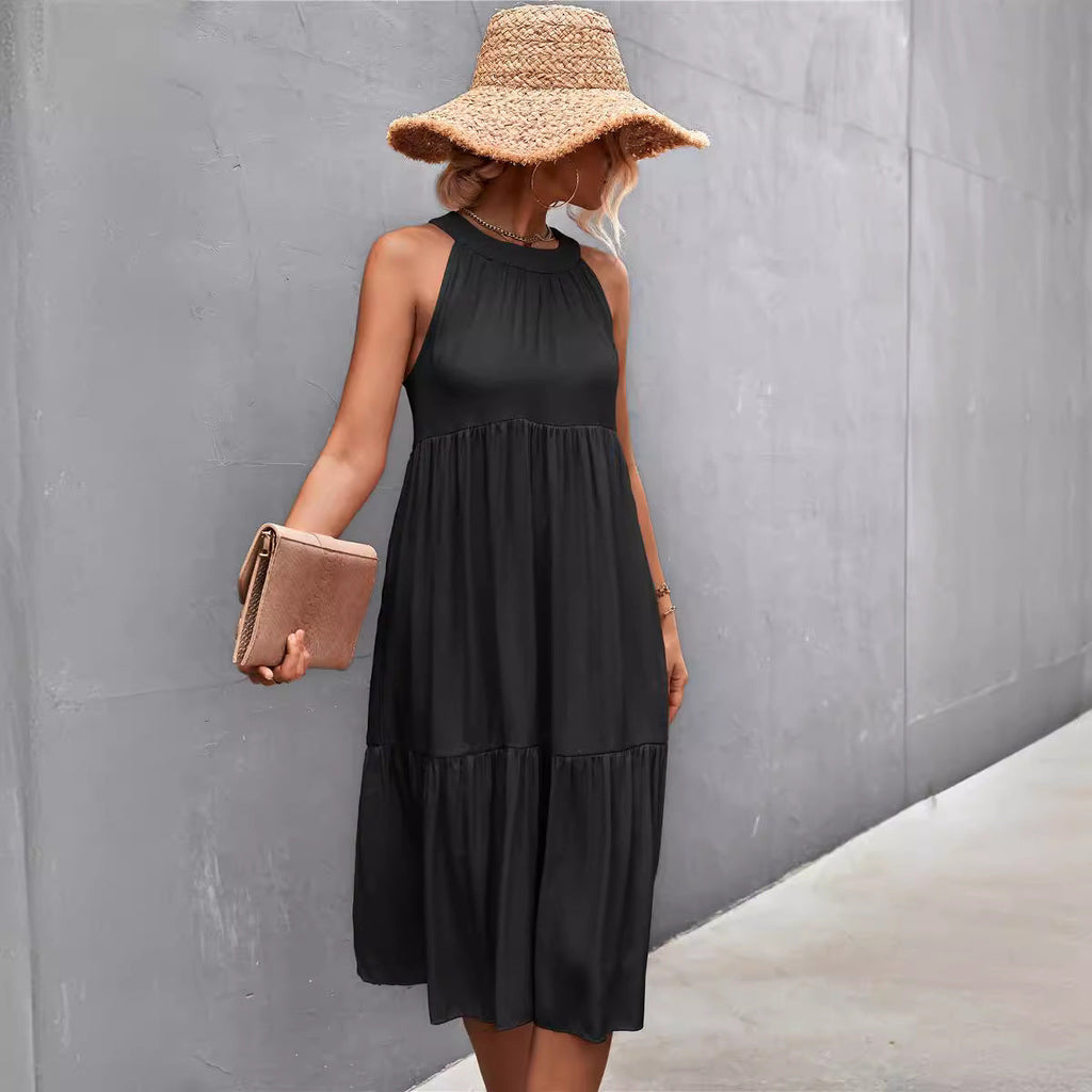 Damen luftiges Sommerkleid mit schwingendem Rock und hohem Hals Shopnory