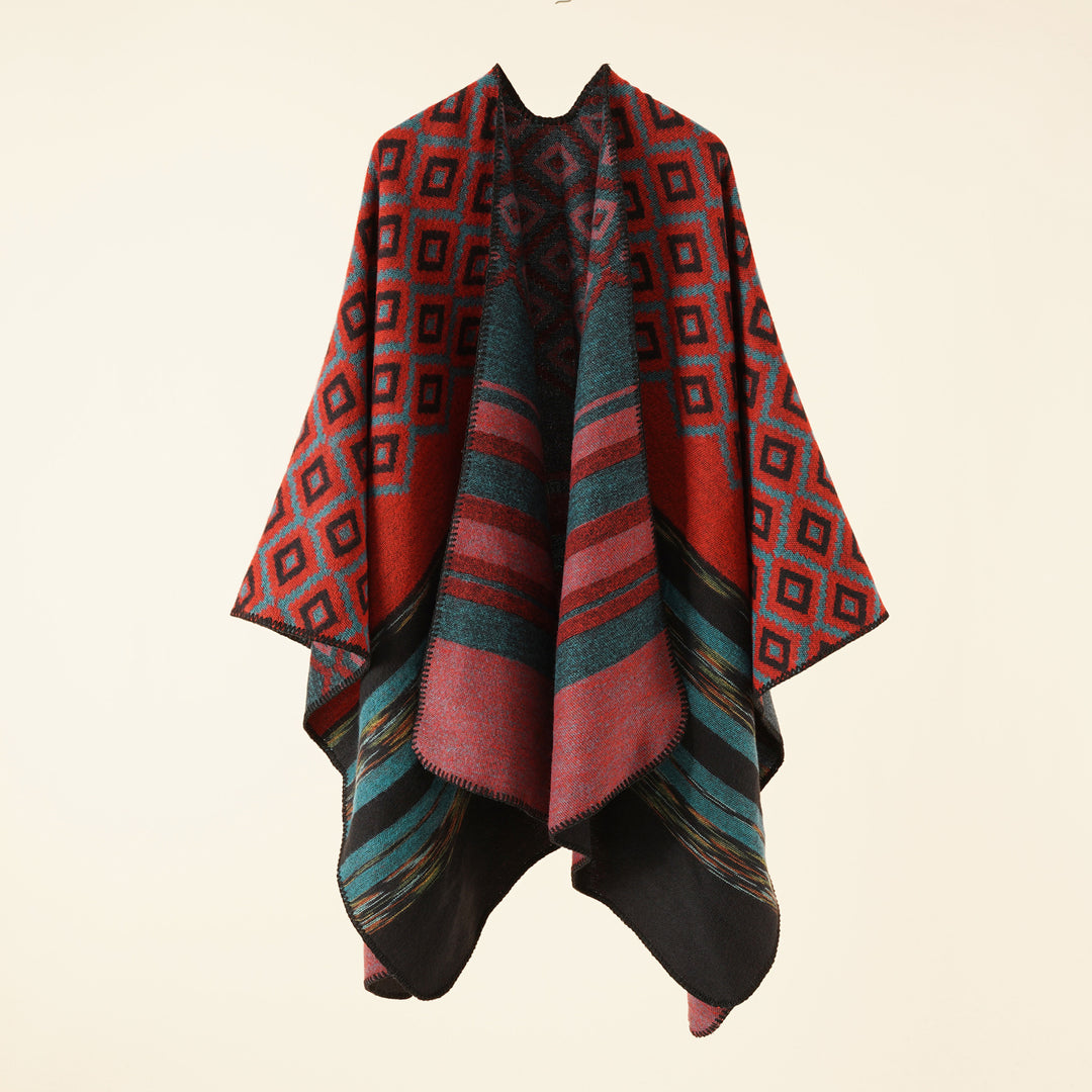 Damen Wollmix-Cape mit reversibler Double-Face-Webung und geometrischem Blockmuster Shop Nory