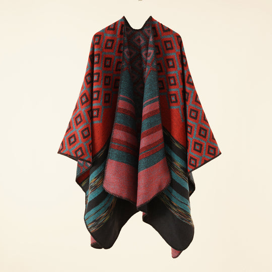 Damen Wollmix-Cape mit reversibler Double-Face-Webung und geometrischem Blockmuster Shop Nory
