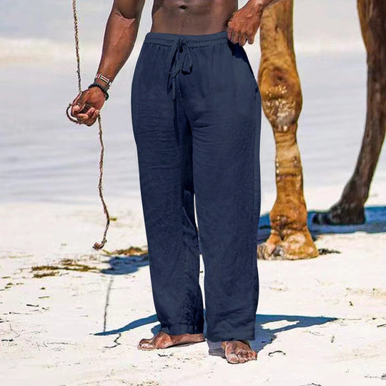 Herren lässige Strandhose aus leichtem Leinenstoff mit elastischem Bund und Kordelzug