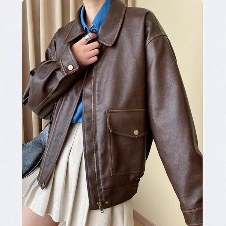 Damen Oversized-Kunstlederblouson mit Hemdkragen, aufgesetzten Pattentaschen und verdeckter Reißverschlussleiste Shop Nory