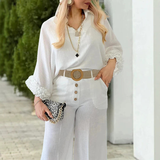 Damen Hochtaillierte Palazzo-Hose mit Knopfblende und Eingrifftaschen Shop Nory