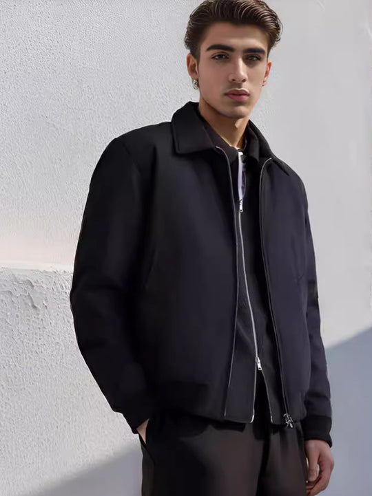 Herren Kurz geschnittene minimalistische Bomberjacke mit verdecktem Zweiwege-Reißverschluss und Hemdkragen Shop Nory