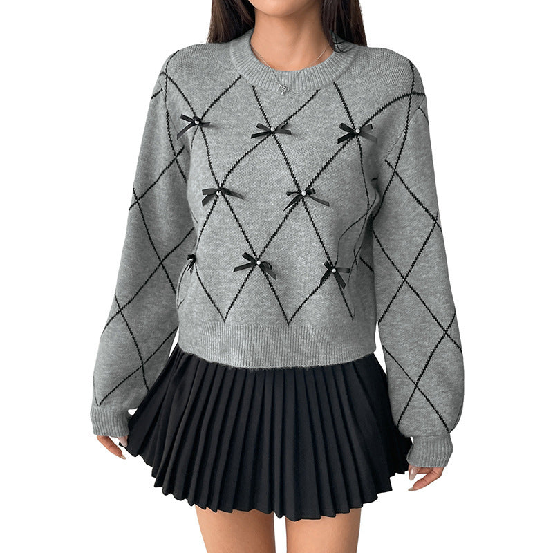 Damen Kurzer Argyle-Strickpullover mit Zier‑Schleifen und geripptem Saum Shop Nory