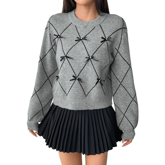 Damen Kurzer Argyle-Strickpullover mit Zier‑Schleifen und geripptem Saum Shop Nory