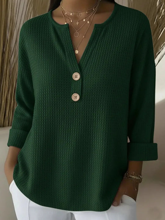 Damen nan Waffelstruktur Henley-Shirt mit V-Ausschnitt kurze Knopfleiste und krempelbaren 3/4-Ärmeln Shop Nory