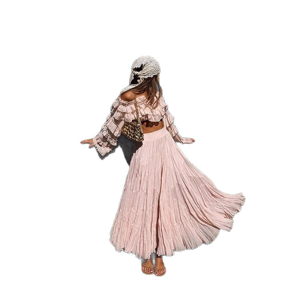 Damen Boho Zweiteiler mit bauchfreiem Volant-Top und plissiertem Maxirock Shop Nory