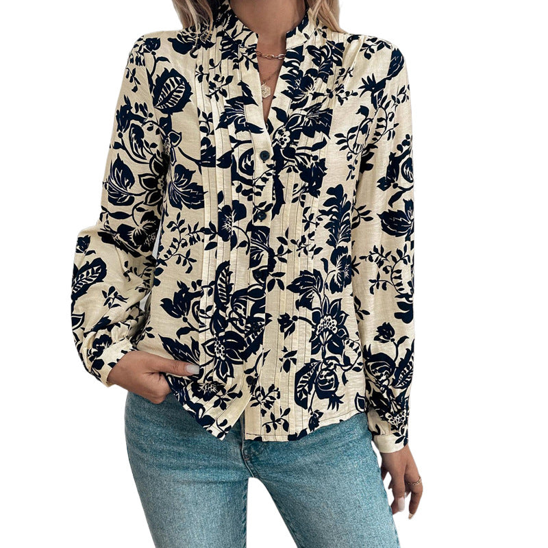 Damen Locker geschnittene Bluse mit Stehkragen, Kellerfalten und floralem Print Shop Nory