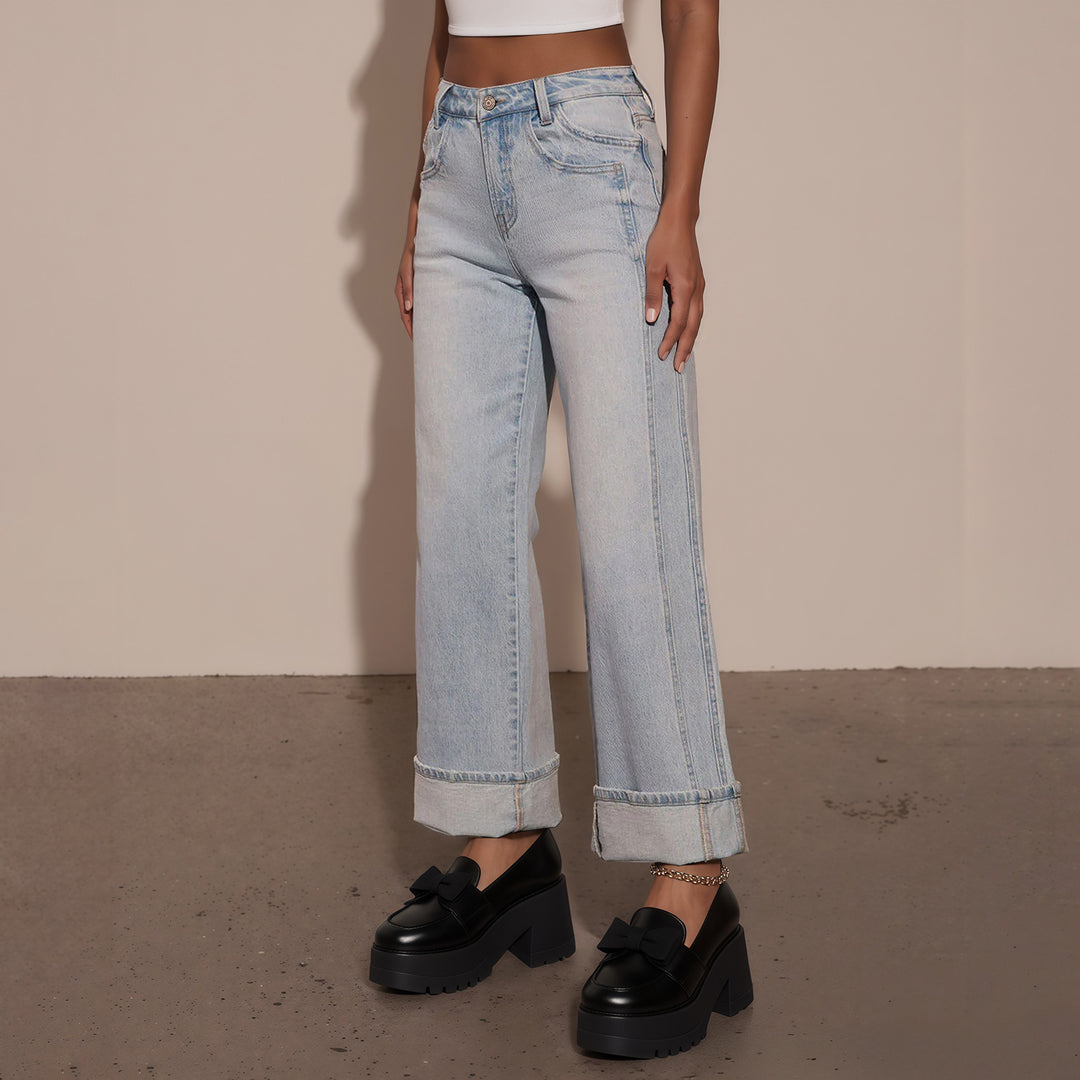 Damen Hochtaillierte weite Jeans mit extra breitem Umschlag Shop Nory