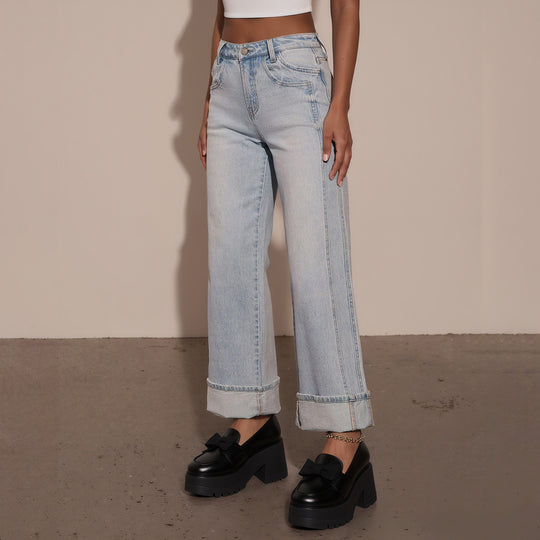 Damen Hochtaillierte weite Jeans mit extra breitem Umschlag Shop Nory